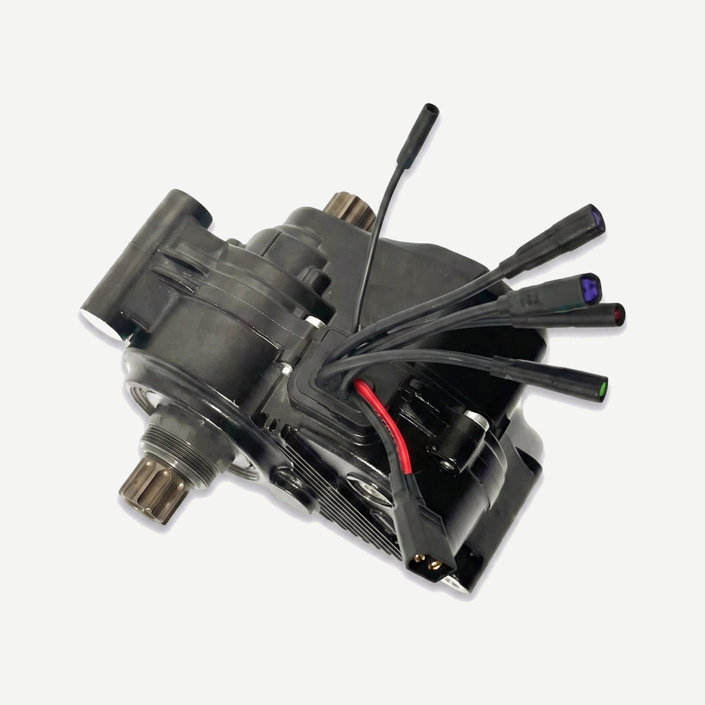 Motor BLM de SEG con el mazo de cables y los conectores identificados por color